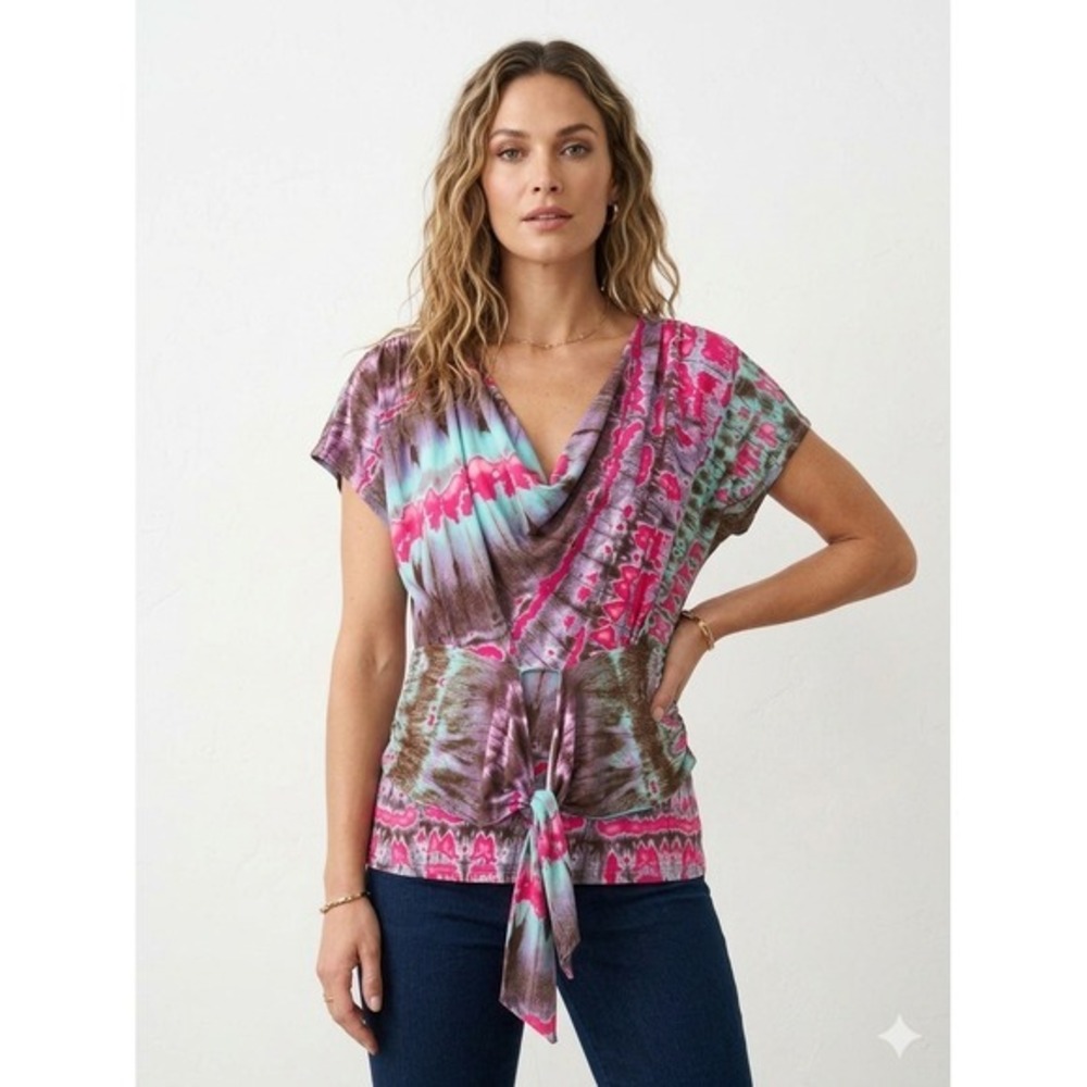 Joseph Ribkoff Tie Dye Cowl Neck Tie Front Keyhole Back Blouse Pink Blue Size 6